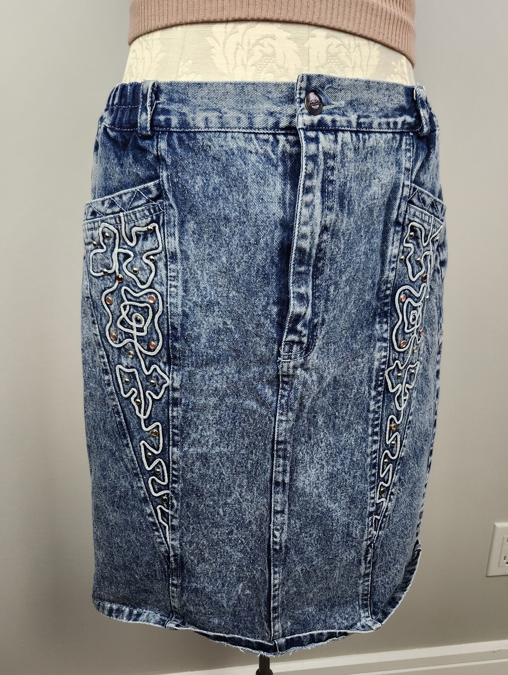 VTG Rhinestone Western Jean Denim Skirt 80s 90s Acid Wash  Size XL Fits Large
